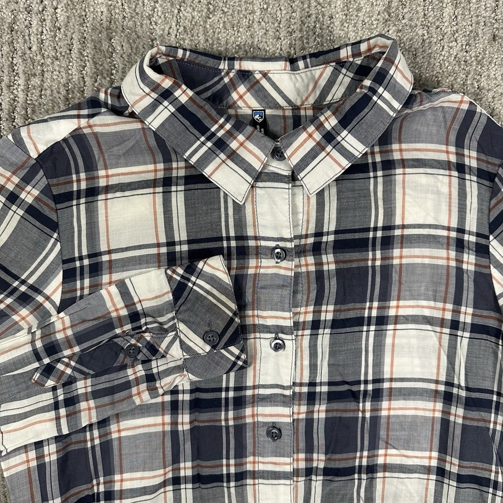 Womens KUHL Button Down Gray Plaid Flannel Casual Shirt Size Small S